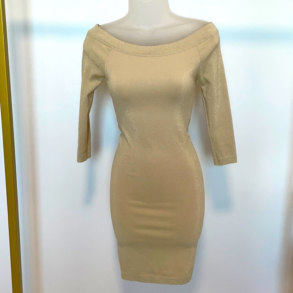 BEBE Gold Off Shoulder Bodycon Dress 3/4 sleeve